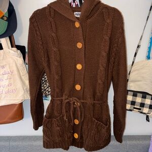 Women’s Hooded Cable Knit Cardigan Sweater - Brown